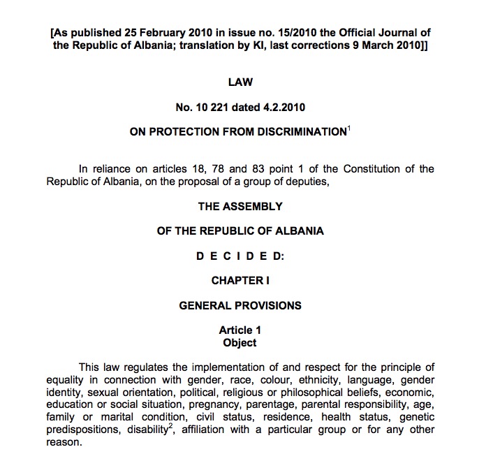 ERA - Publication - Law on Protection from Discrimination Albania